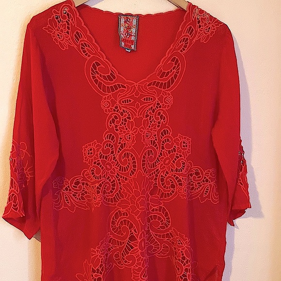 Johnny Was Arlene embroidered boho Appliqué long sleeve tunic top red Medium - Picture 4 of 10